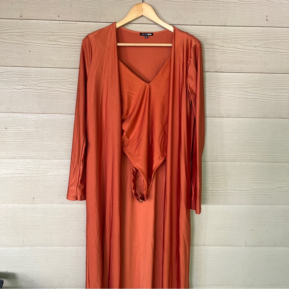 Fashion Nova Orange V-Neck Sleeveless Bodysuit & Cardigan Set 2 Piece Outfit XL - Picture 7 of 8